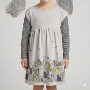 Tea Collection Girls Gray Long-Sleeve Cityscape Dress Size 8